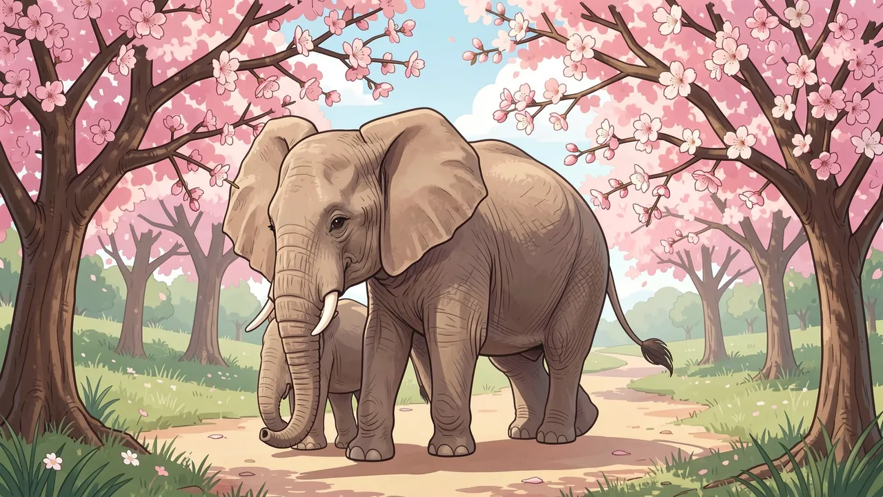 A mother elephant and her calf walk together along a dirt path under pink flowering cherry trees.