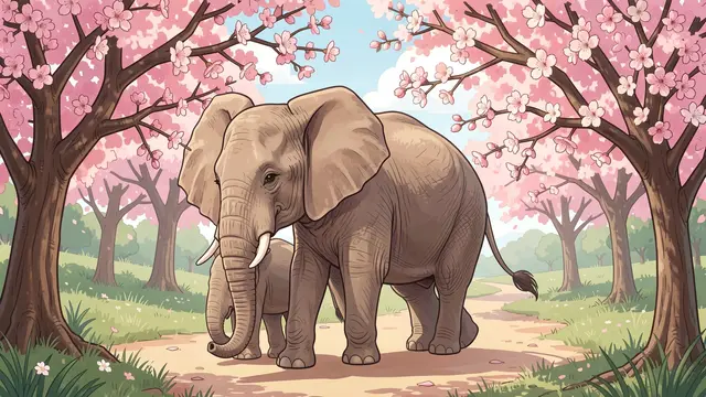A mother elephant and her calf walk together along a dirt path under pink flowering cherry trees.
