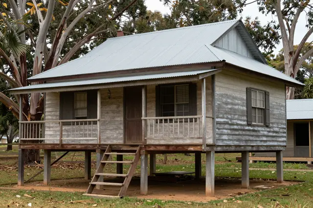 Weathered raised timber house on stilts with a metal roof stands among eucalyptus trees