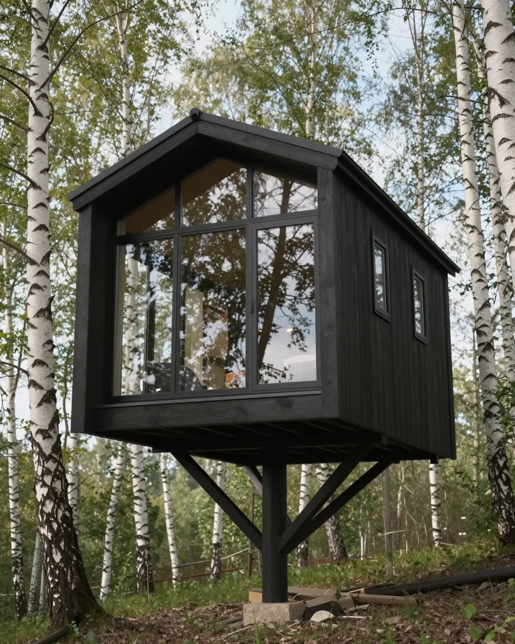 Black elevated modern cabin with large windows stands surrounded by white birch trees