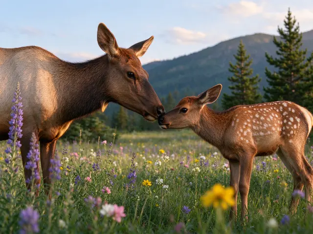 Adult female elk and her spotted calf touch noses standing face to face in a sunlit mountain wildflower meadow.