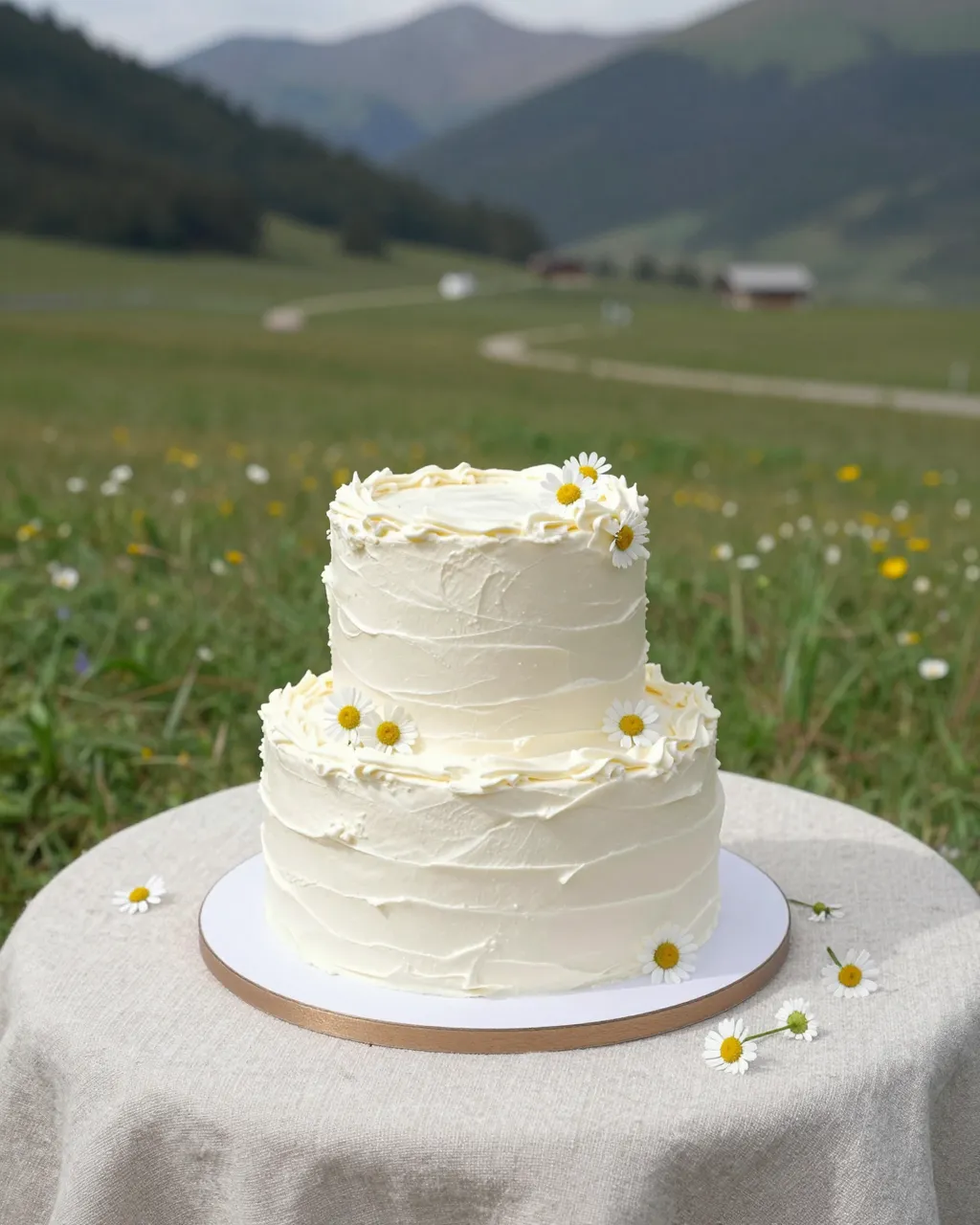 Two tier white buttercream wedding cake decorated with chamomile sits on a linen tablecloth in an alpine meadow