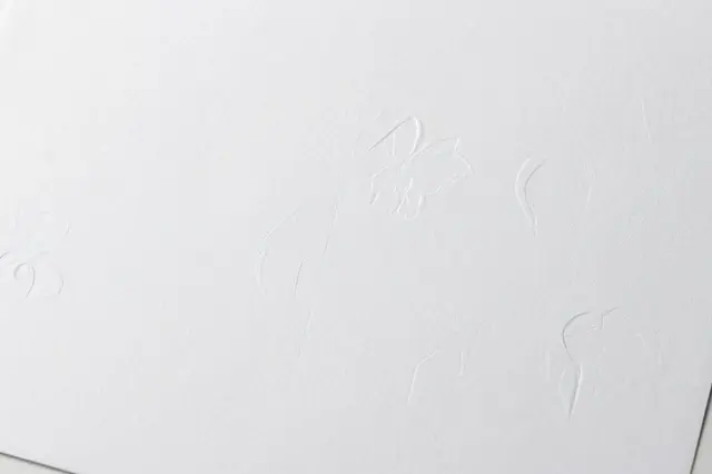 Close-up view of white paper with subtle raised floral embossed relief details