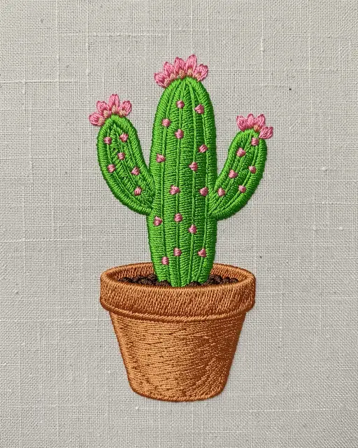 Stitched embroidery of a flowering cactus in a terracotta pot set against light woven linen fabric