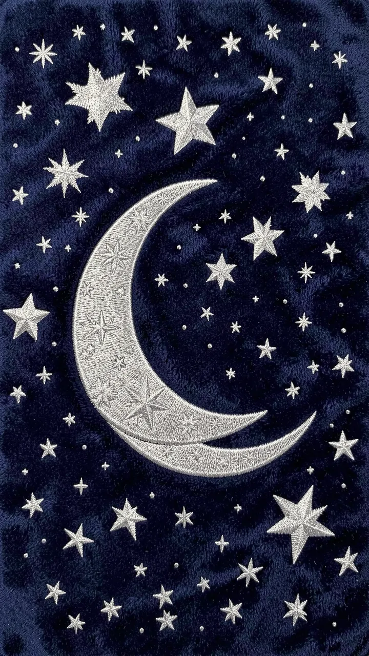 Silver embroidered crescent moons and stars on a dark blue velvet background