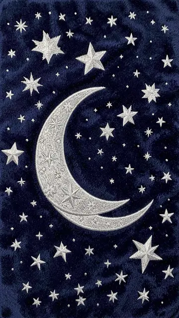 Silver embroidered crescent moons and stars on a dark blue velvet background