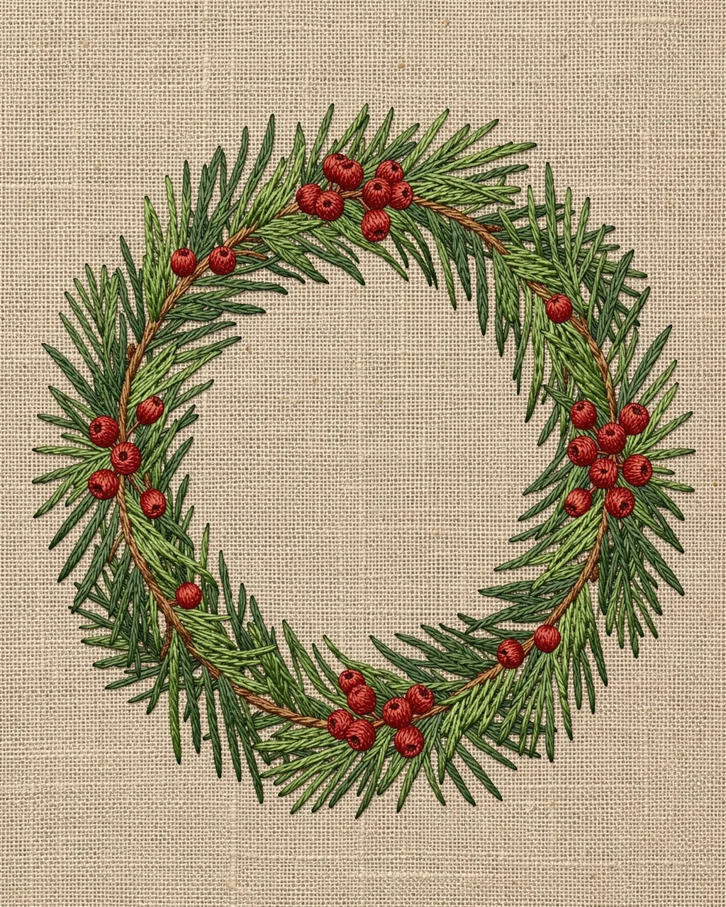 Stitched Christmas wreath of pine needles and red berries rests on textured natural linen