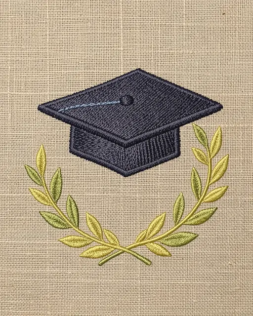 Stitched embroidery of a graduation cap above a laurel wreath on natural linen fabric