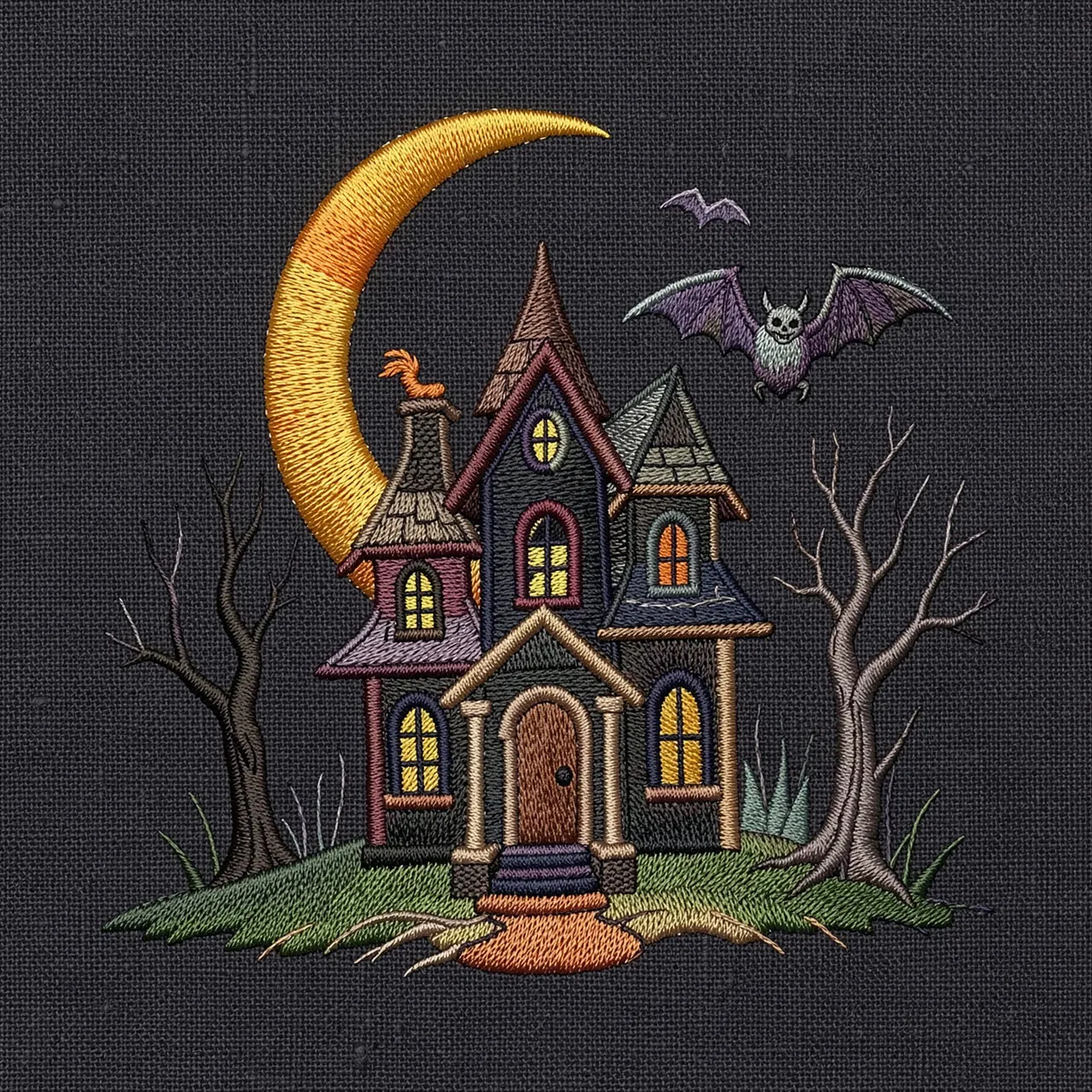 Stitched Halloween illustration of a haunted house, crescent moon, and bats on dark linen fabric
