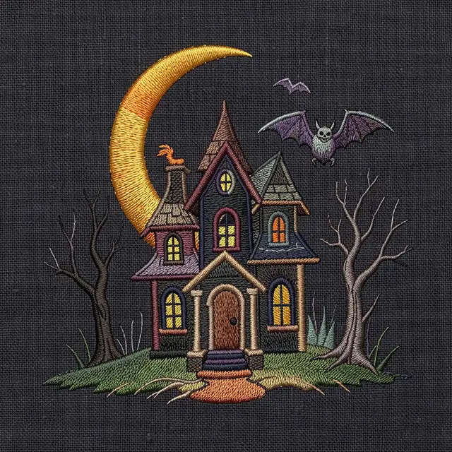Stitched Halloween illustration of a haunted house, crescent moon, and bats on dark linen fabric
