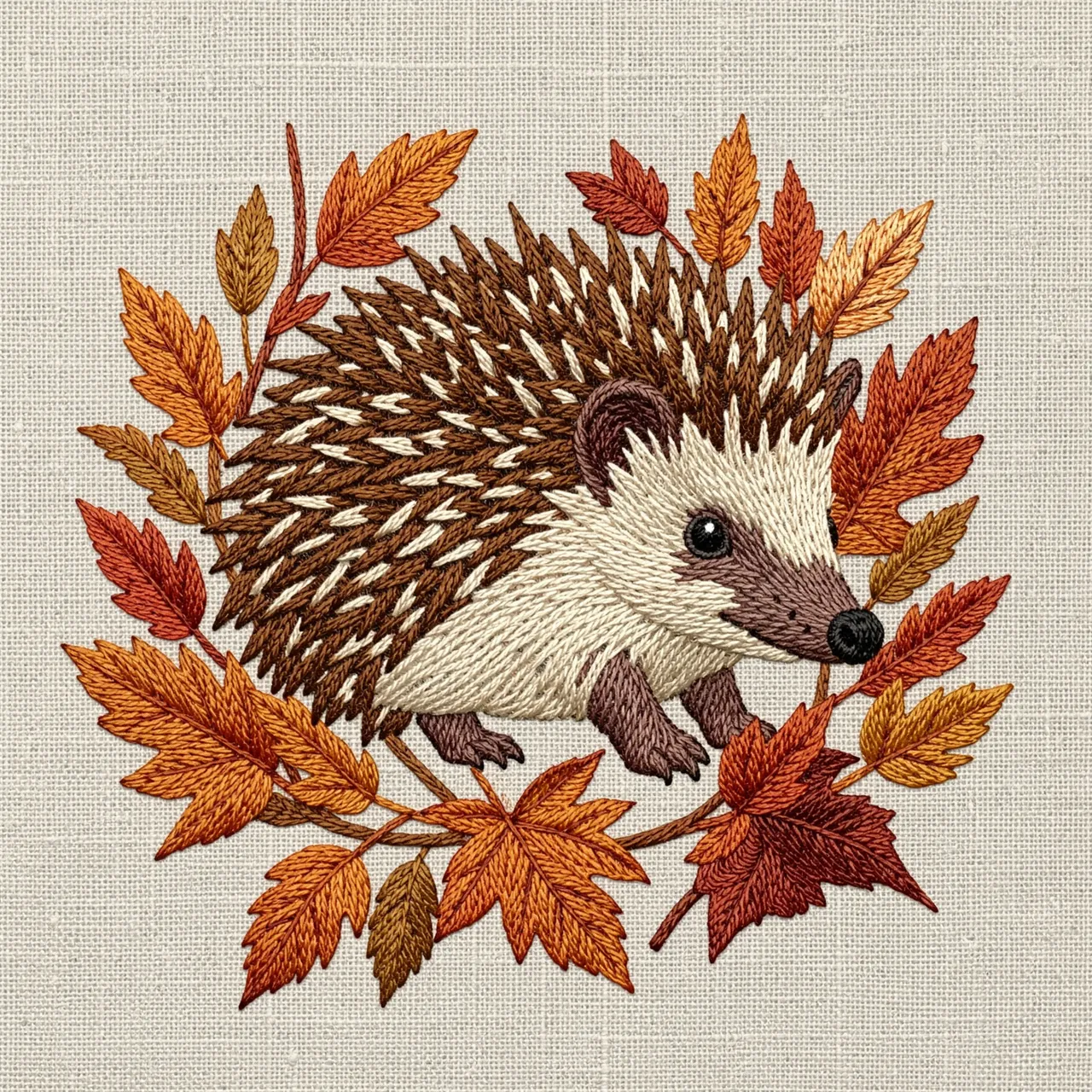 Thread embroidery of a hedgehog surrounded by fall leaves stitched onto textured natural linen