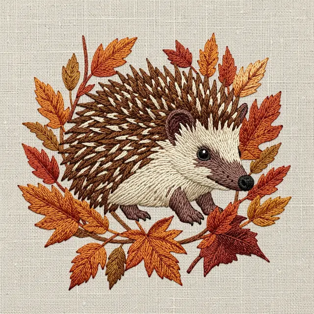 Thread embroidery of a hedgehog surrounded by fall leaves stitched onto textured natural linen