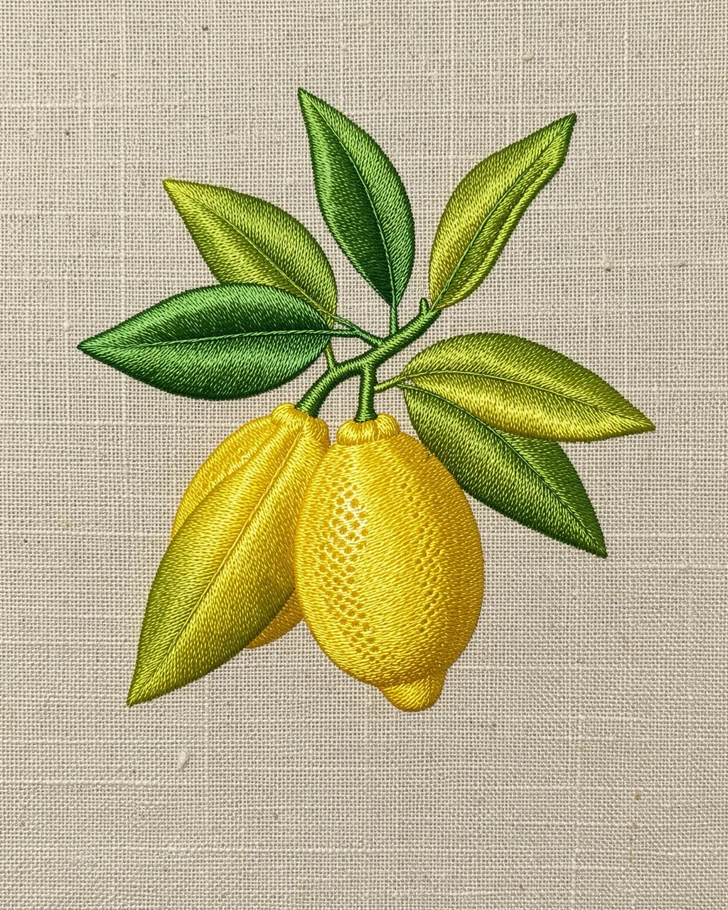 Satin stitch embroidery of a lemon branch with yellow fruit and green leaves stitched onto natural linen fabric