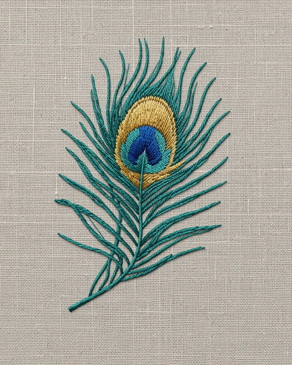 Thread embroidery of a peacock feather stitched onto natural linen fabric