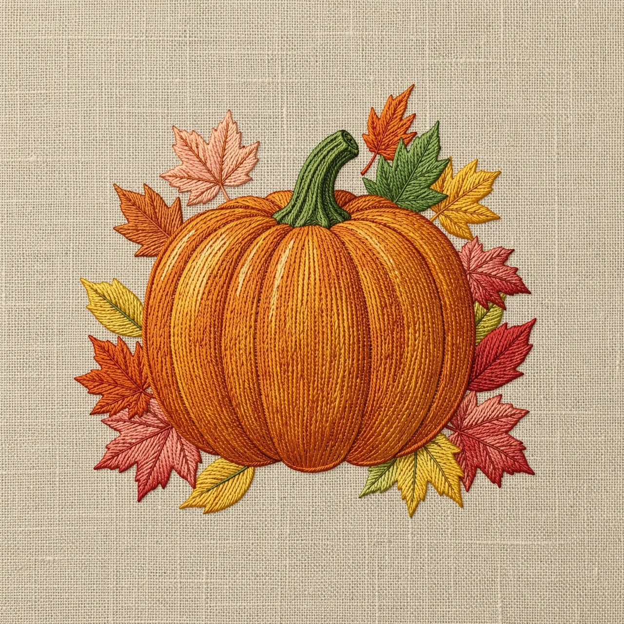 Stitched embroidery of an orange pumpkin surrounded by fall maple leaves on natural linen