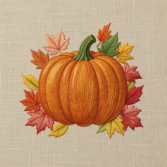 Stitched embroidery of an orange pumpkin surrounded by fall maple leaves on natural linen