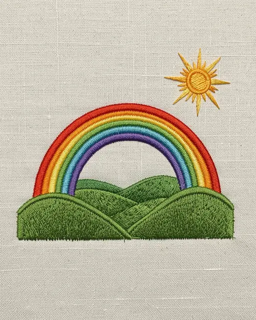Stitched embroidery of a rainbow arching over green rolling hills with a sun on linen fabric