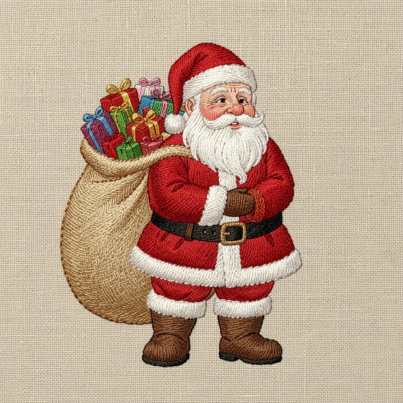 Stitched embroidery of Santa Claus carrying a gift sack on natural linen fabric