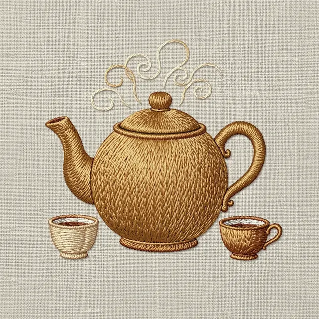 Stitched embroidery artwork of a round golden teapot with curly steam next to two small teacups on linen fabric