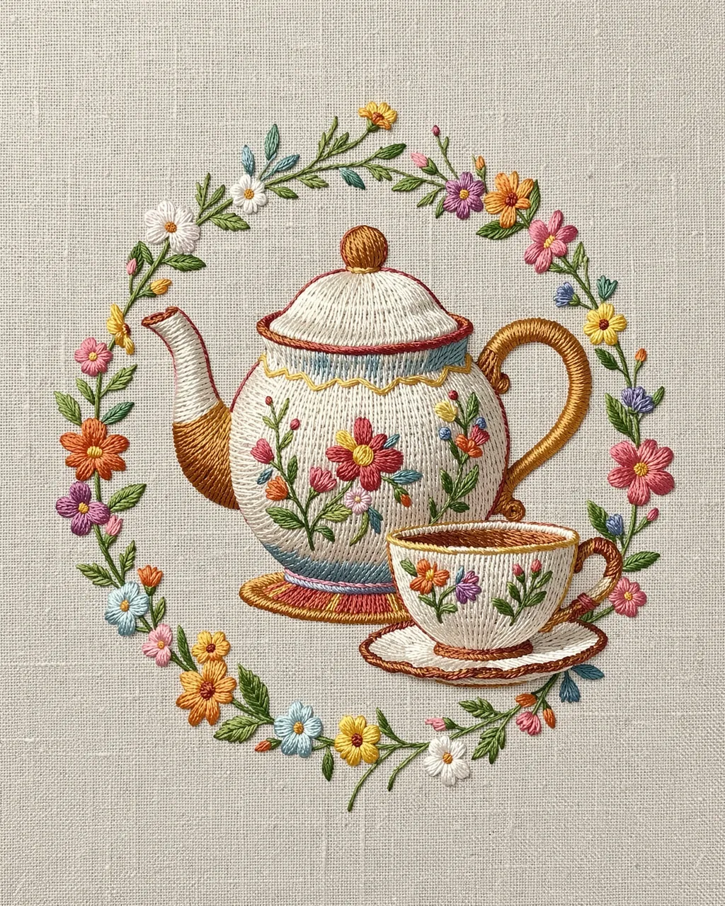 Stitched embroidery of a teapot and teacup framed by a colorful flower wreath on natural linen