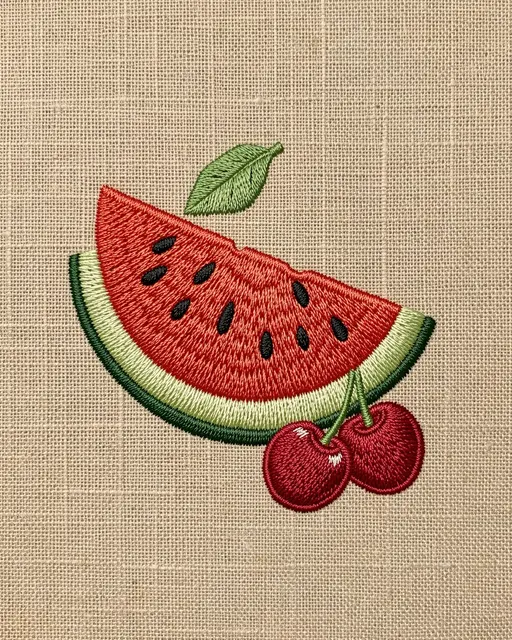 Stitched embroidery of a watermelon slice and cherries sits on textured natural linen fabric