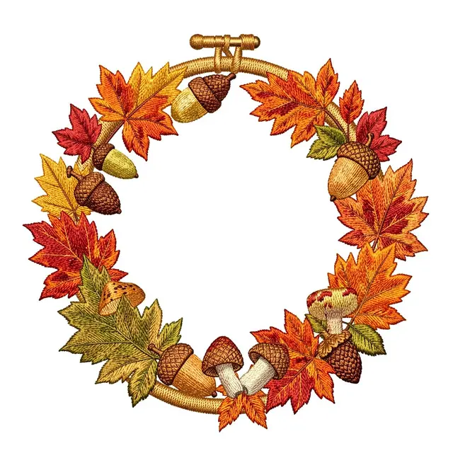 Stitched embroidery style wreath of autumn leaves, acorns and mushrooms set in an embroidery hoop against a plain white