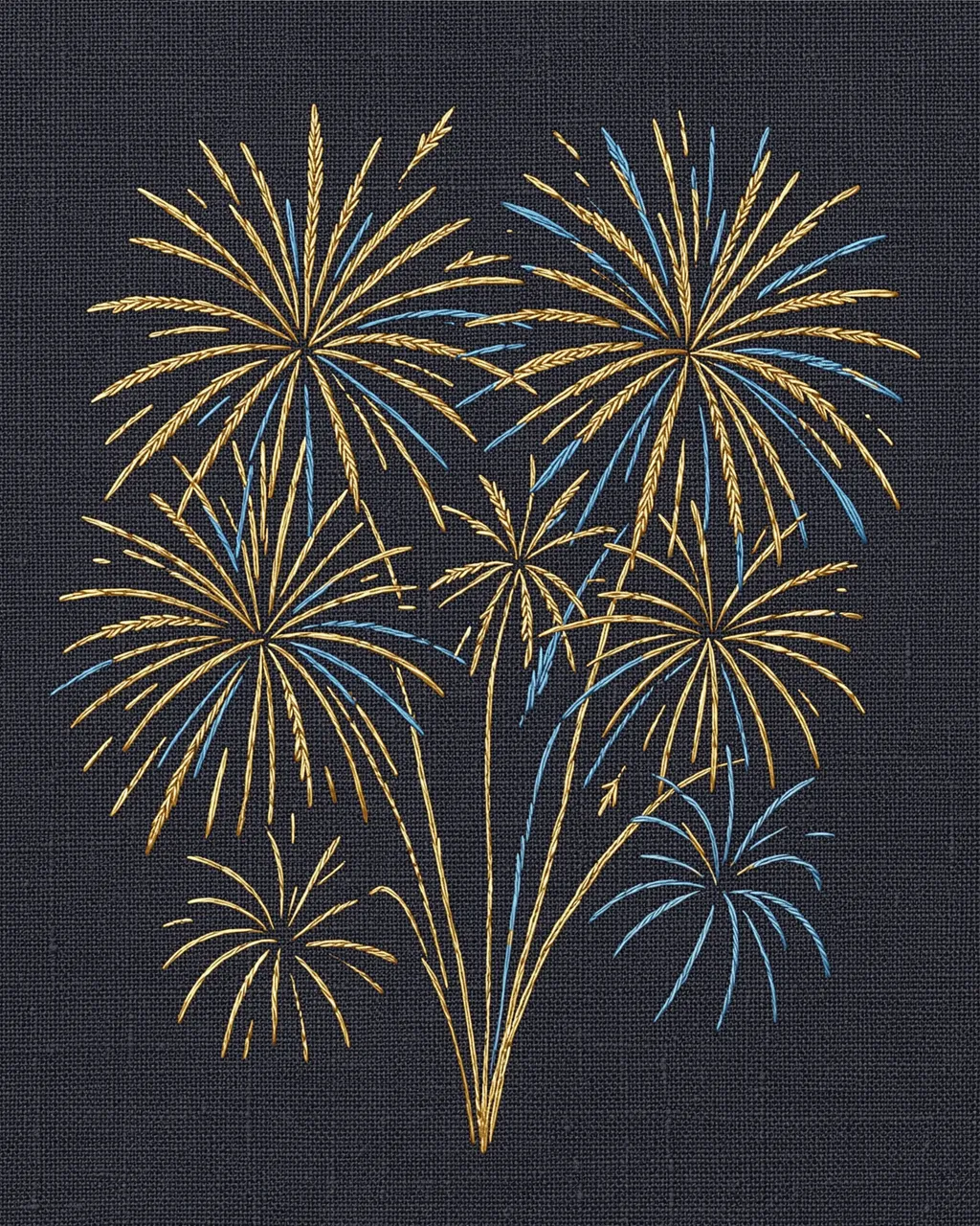 Gold and blue stitched fireworks arranged against a dark woven linen background