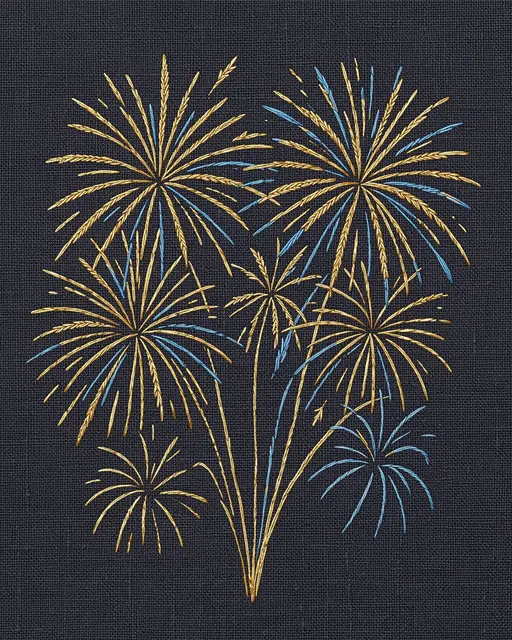 Gold and blue stitched fireworks arranged against a dark woven linen background
