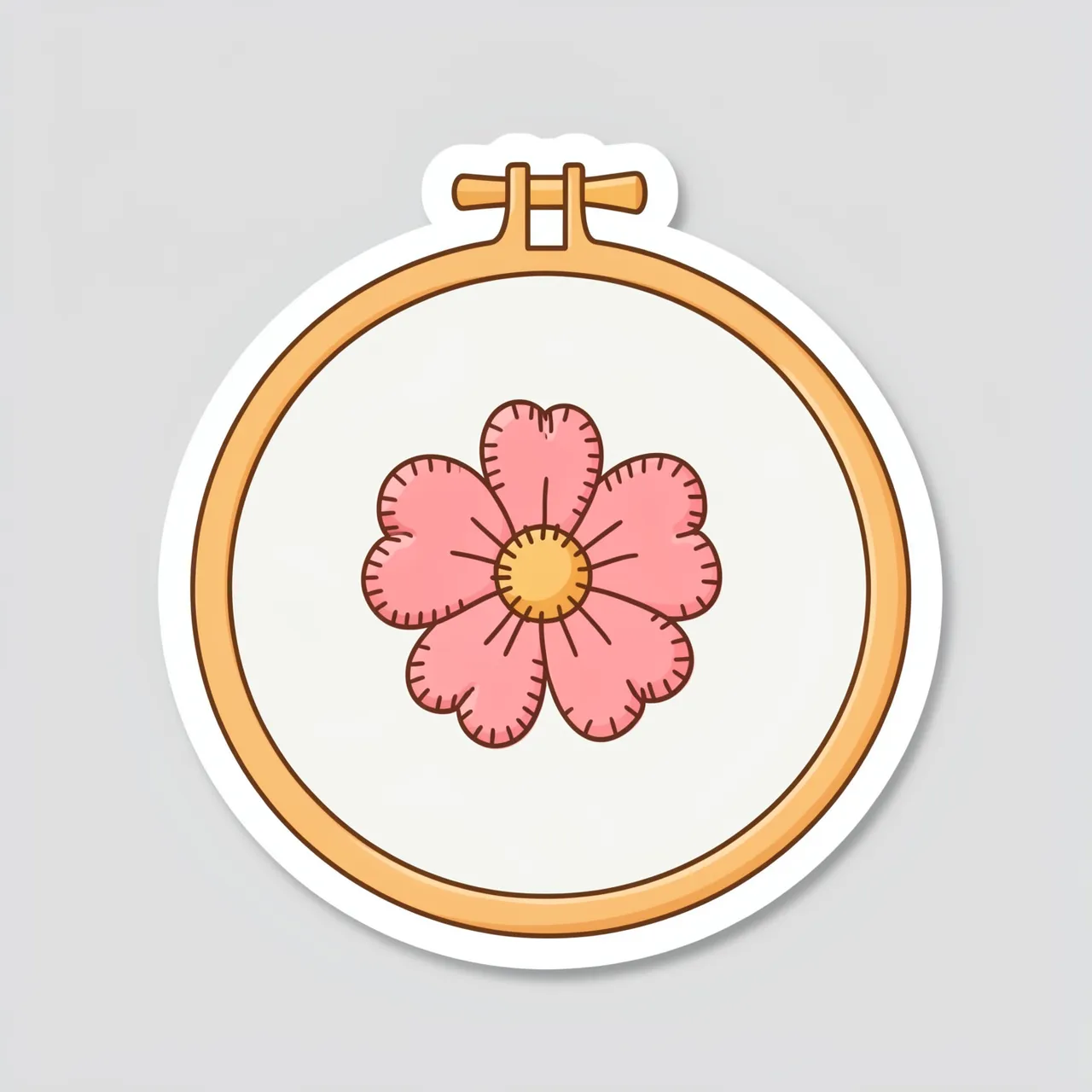 Die-cut sticker illustration of an embroidery hoop with a stitched pink flower on a light gray background