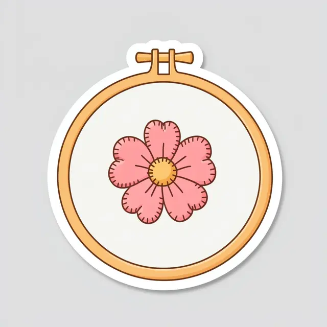 Die-cut sticker illustration of an embroidery hoop with a stitched pink flower on a light gray background
