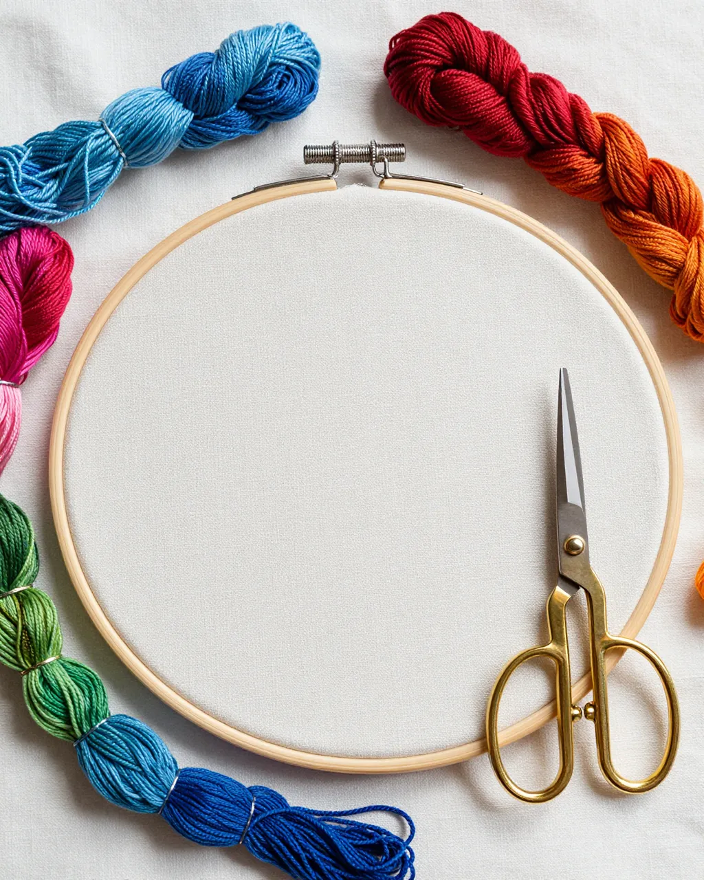 Top-down flat lay of an embroidery hoop, colorful floss skeins and gold scissors on linen fabric