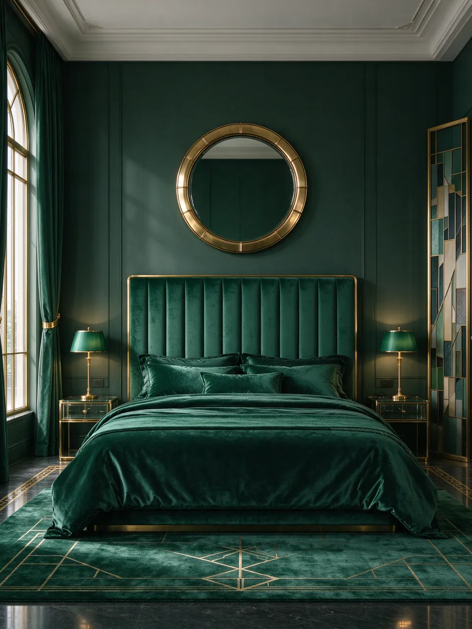 Luxury art deco bedroom with deep emerald velvet bedding, brass accents and a round wall mirror above the bed