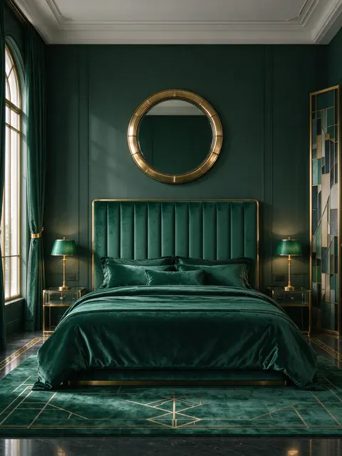Luxury art deco bedroom with deep emerald velvet bedding, brass accents and a round wall mirror above the bed