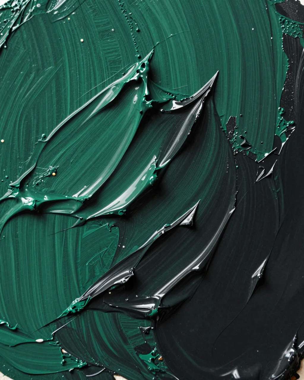 Close-up macro view of thick, raised emerald and black impasto paint peaks catching soft light