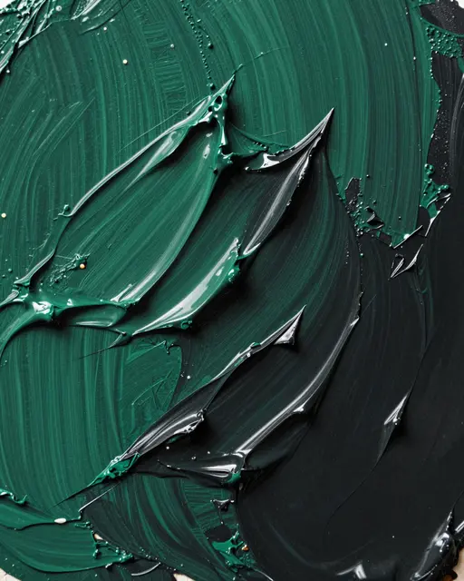 Close-up macro view of thick, raised emerald and black impasto paint peaks catching soft light