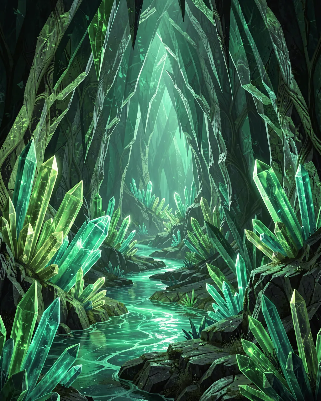 Glowing green crystal formations line a luminous stream winding through an underground cavern.