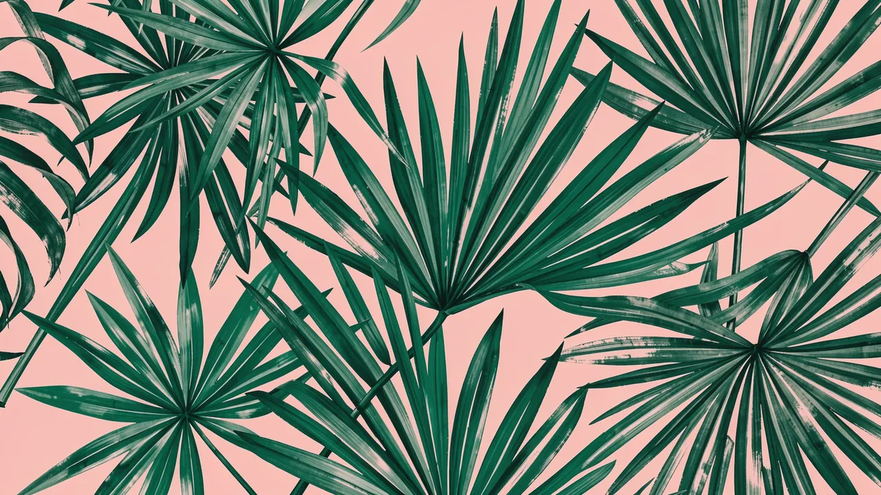 Hand-painted emerald fan palm leaves arranged in a repeating pattern on a soft blush pink background