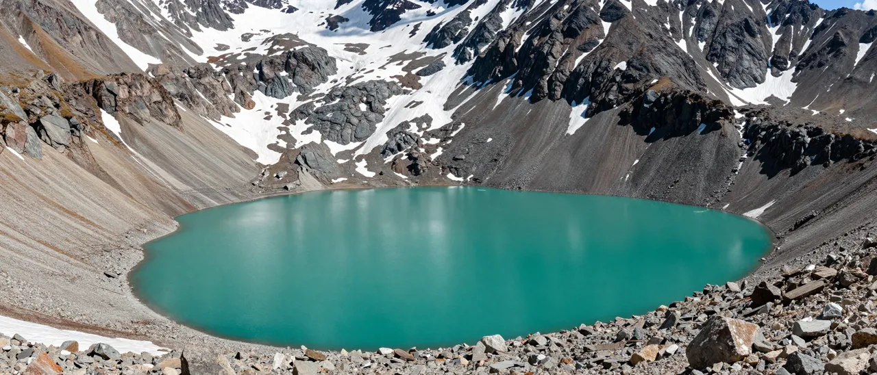 High angle view of a turquoise glacial lake ringed by scree slopes and patchy late mountain snow