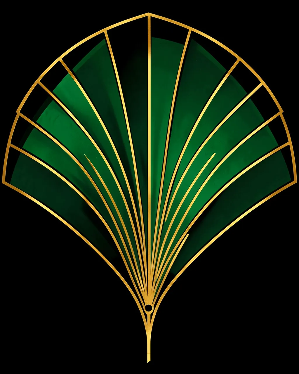 Symmetrical Art Deco fan design with thin gold lines and emerald panels set against solid black
