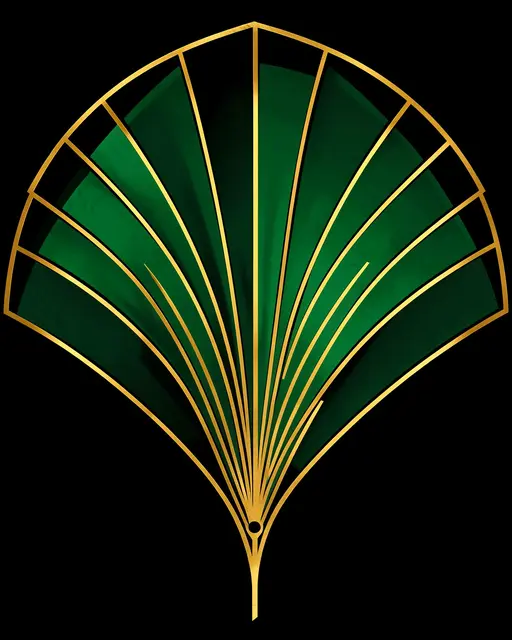 Symmetrical Art Deco fan design with thin gold lines and emerald panels set against solid black