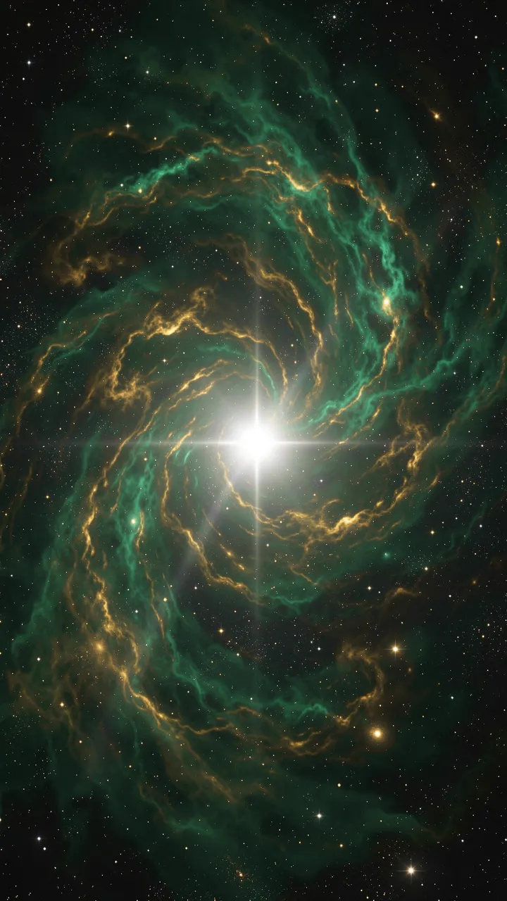 A swirling emerald and gold nebula wraps around a bright central white star in deep starry space