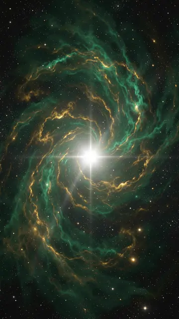 A swirling emerald and gold nebula wraps around a bright central white star in deep starry space