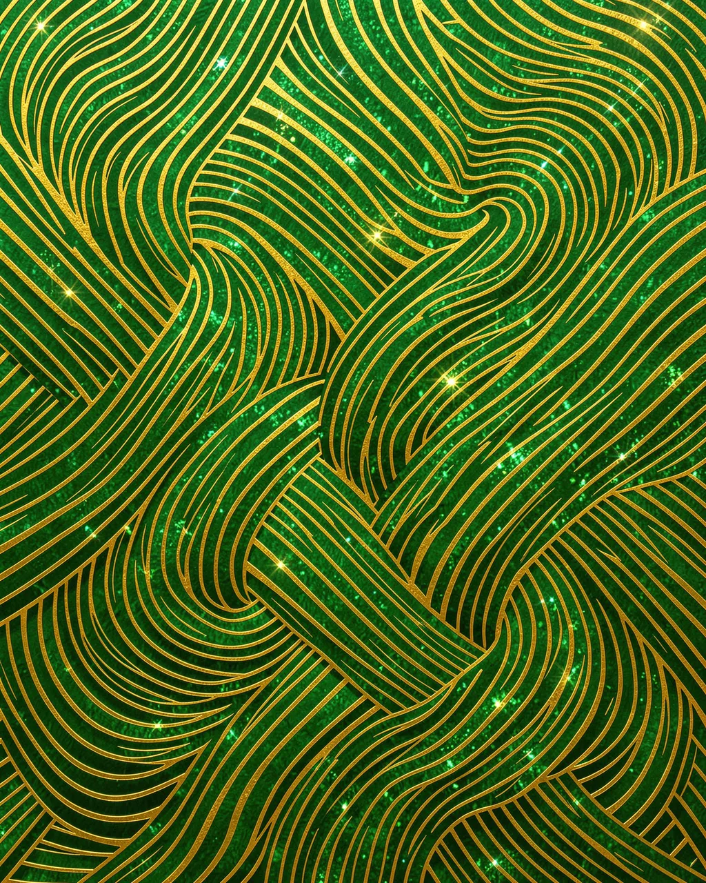 Shimmering interwoven emerald and gold wavy op art lines with sparkling glitter details
