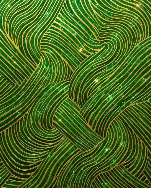 Shimmering interwoven emerald and gold wavy op art lines with sparkling glitter details