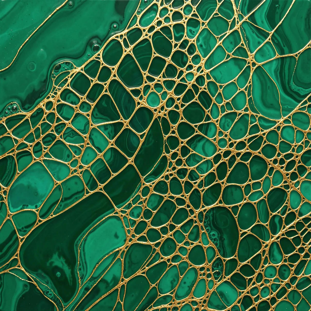 Close-up of fluid art with swirling emerald green pools framed by intricate gold lacing cells