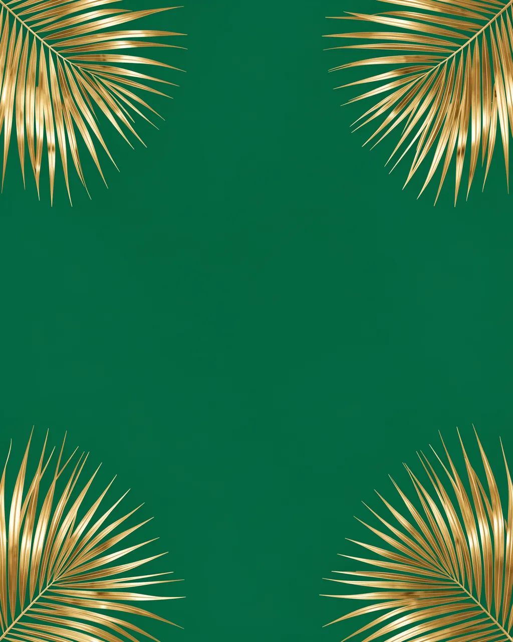 Smooth emerald green background framed by shiny golden palm fronds in each corner, with a plain empty center.
