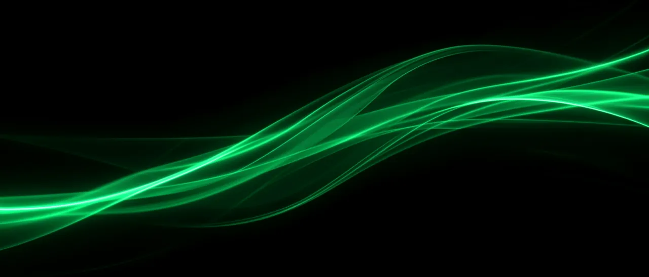 Glowing emerald green wavy light trails flow across a solid black background with empty central space