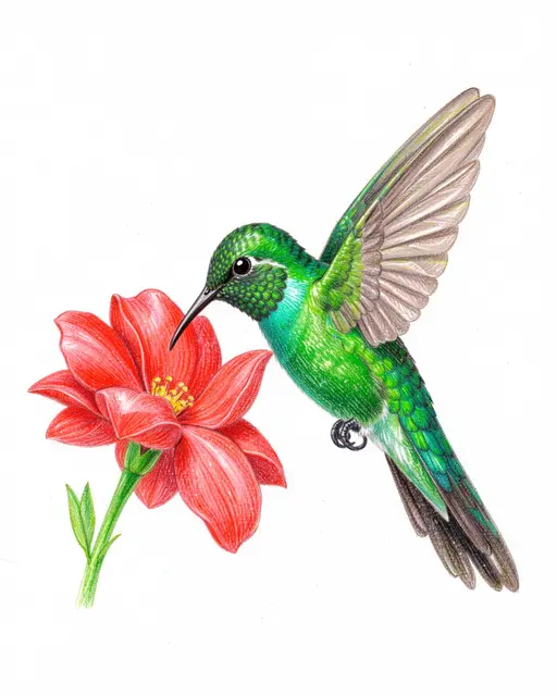 Colored pencil drawing of a green hummingbird hovering next to a bright red open flower