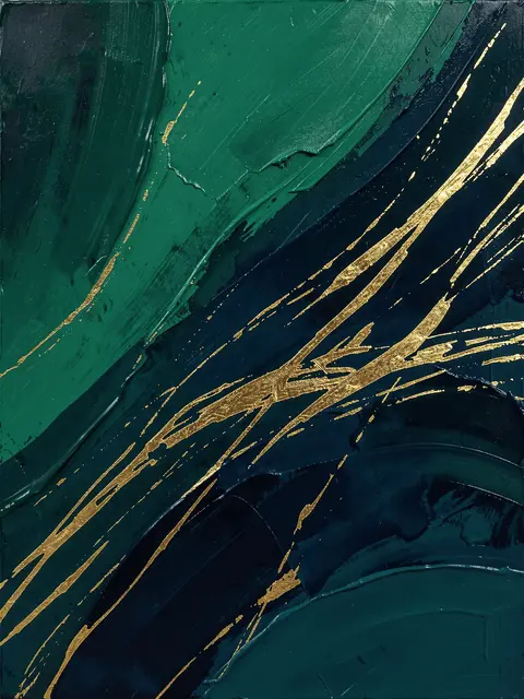 Textured abstract painting with layered deep emerald, navy and streaky metallic gold brushstrokes