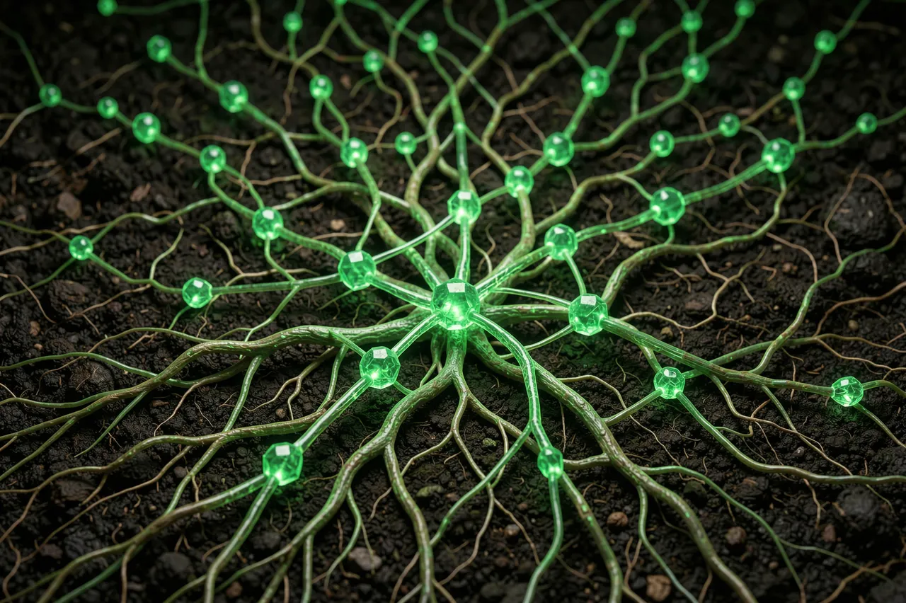 Glowing emerald node neural network grows like interwoven roots across dark rich soil